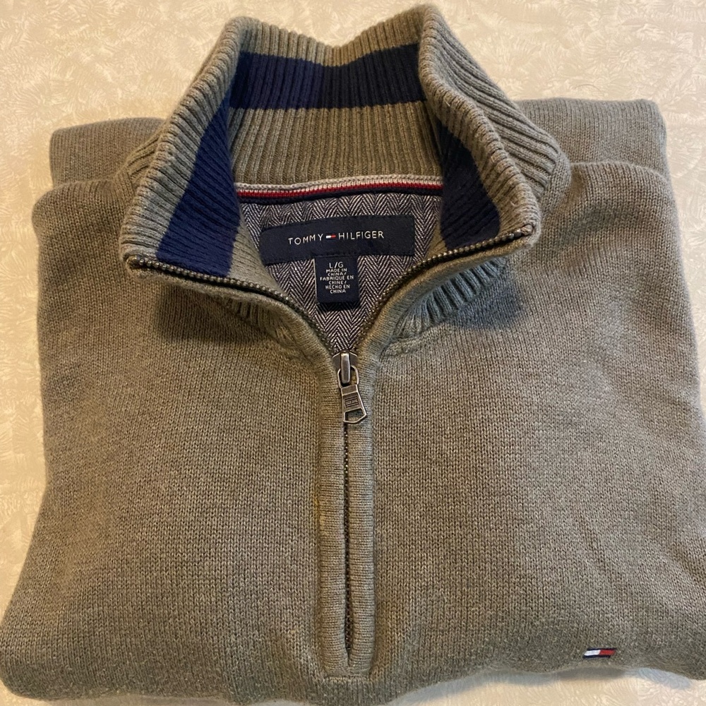 Tommy Hilfiger Sweater 1/4 Zip Gray Green Mock‎ Neck Long Sleeve Sz L